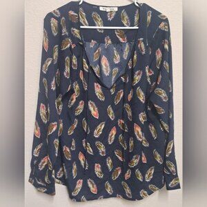 Black Rainn Feather Print Blouse Women XL Blue Boho Long Sleeve Peasant Top